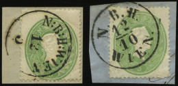 ÖSTERREICH 19 BrfStk, 1860, 3 Kr. Grün, K1 N:B:H: WIEN Und N.B.H. WIEN, 2 Prachtbriefstücke - Other & Unclassified