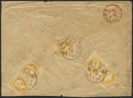 ÖSTERREICH 35II BRIEF, 1879, 2 Kr. Gelb, Feiner Druck, 5x Rückseitig Auf Brief Von WIEN Nach London, 2 Werte Fehlerhaft, - Usados