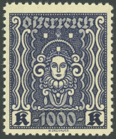 ÖSTERREICH 1918-1938 404B , 1922, 1000 Kr. Schwärzlichblauviolett, Gezähnt L 111/2, Postfrisch, Pracht, Mi. 630.- - Other & Unclassified