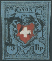 SCHWEIZ BUNDESPOST 7II O, 1850, 5 Rp. Schwarz/zinnoberrot Auf Blau, Ohne Kreuzeinfassung, Zentrischer P.P., Voll-riesenr - Sonstige & Ohne Zuordnung