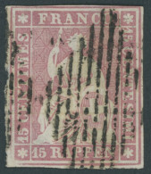 SCHWEIZ BUNDESPOST 15Ib O, 1854, 15 Rp. Hellilakarmin, 2. Münchner Druck, (Zst. 24A), Seidenfaden Ausgezogen Sonst Prach - Autres & Non Classés