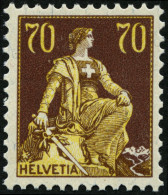 SCHWEIZ BUNDESPOST 108 , 1908, 70 C. Schwärzlichrötlichbraun/hellchromgelb,, Falzreste, Pracht, Mi. 65.- - Nuevos