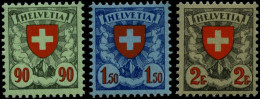 SCHWEIZ BUNDESPOST 194,196/7x , 1924, 90 C. - 1.50 Fr. Wappen, Gewöhnliches Papier, 3 Prachtwerte, Mi. 390.- - Ungebraucht