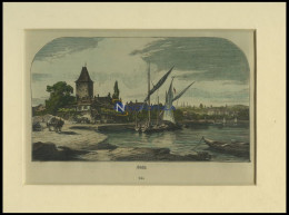 OUCHY, Gesamtansicht Mit Segelschiffen Im Vordergrund, Kolorierter Holzstich Um Um 1880 - Lithografieën