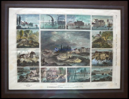 Die ÜBERSCHWEMMUNGEN, 13 Ansichten Auf Einem Blatt, Kolorierter Holzstich Um 1880 - Lithographies