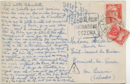 CARTE AFFRANCHIE N° 884 + TAXE N°86 OBLITEREE DAGUIN - LA ROCHE - POSAY - ARTHRITISME - ECZEMA - 1951 - 1859-1959 Storia Postale