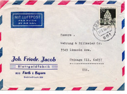 69737 - Bund - 1969 - 70Pfg Gr.Bauten EF A LpBf FUERTH -> Chicago, IL (USA) - Lettres & Documents