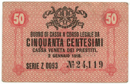 50 CENTESIMI CASSA VENETA DEI PRESTITI OCCUPAZIONE AUSTRIACA 02/01/1918 BB/SPL - Occupazione Austriaca Di Venezia