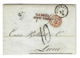 ITALY ITALIA - 1856 PIROSCAFI STAMPLESS LETTER TO FRANCE - VICENZA TO LYON - VIA DEGLI STATI SARDI CACHET - Non Classificati