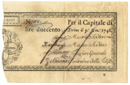 200 LIRE REGIE FINANZE TORINO REGNO DI SARDEGNA 01/01/1746 BB+ - Autres & Non Classés