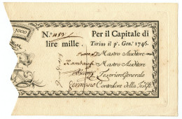 1000 LIRE REGIE FINANZE TORINO REGNO DI SARDEGNA 01/01/1746 SUP- - Autres & Non Classés