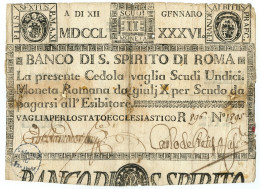 11 SCUDI BOLLATURA MERCATELLO CEDOLA BANCO DI SANTO SPIRITO ROMA 12/01/1786 MB+ - Altri & Non Classificati