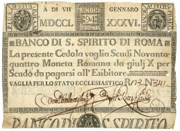 94 SCUDI CEDOLA BANCO DI SANTO SPIRITO DI ROMA 07/01/1786 MB+ - Andere & Zonder Classificatie