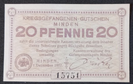 Billet 20 Pf LAGERGELD MONNAIE DE CAMP PRISONNIER DE GUERRE Kriegsgefangenenlager MINDEN 1917 - Andere & Zonder Classificatie