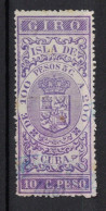 España / Spain, Isla De Cuba ~ 1885, Revenue Postal Tax Fiscal, Coat Of Arms, Giro, 10 C. Peso, Purple - Cuba (1874-1898)