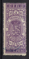 España / Spain, Isla De Cuba ~ 1885, Revenue Postal Tax Fiscal, Coat Of Arms, Giro, 10 C. Peso, Purple - Cuba (1874-1898)