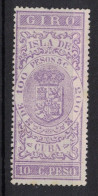 España / Spain, Isla De Cuba ~ 1885, Revenue Postal Tax Fiscal, Coat Of Arms, Giro, 10 C. Peso, Purple - Cuba (1874-1898)