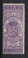 España / Spain, Isla De Cuba ~ 1885, Revenue Postal Tax Fiscal, Coat Of Arms, Giro, 10 C. Peso, Purple - Cuba (1874-1898)