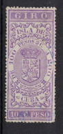 España / Spain, Isla De Cuba ~ 1885, Revenue Postal Tax Fiscal, Coat Of Arms, Giro, 10 C. Peso, Purple - Cuba (1874-1898)