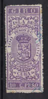 España / Spain, Isla De Cuba ~ 1885, Revenue Postal Tax Fiscal, Coat Of Arms, Giro, 10 C. Peso, Purple - Cuba (1874-1898)