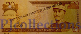 DOMINICAN REPUBLIC 20 PESOS ORO 2000 PICK 160s SPECIMEN UNC NUMBER "0484" - Dominicaanse Republiek
