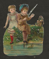 Découpis Gaufré Enfants Faisant De La Peche Année 1900 - Infantes
