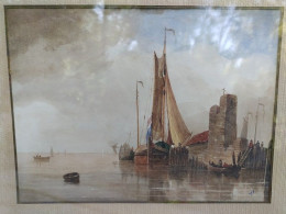 Ancien Tableau Aquarelle Marine XVIIIe/XIXème Signé VJ - Aquarelles