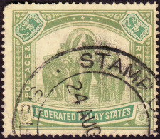 FEDERATED MALAY STATES FMS 1907 $1 Wmk.MCA Sc#34 -USED Fiscal Cancel - THIN Spot On One Bottom Perforation @TE31 - Federated Malay States