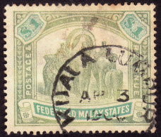 FEDERATED MALAY STATES FMS 1907 $1 Wmk.MCA Sc#34 -USED KUALA LUMPUR CDS - BACK THIN @TE149 - Federated Malay States