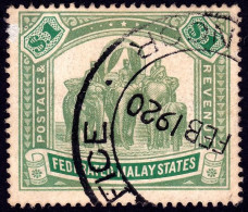 FEDERATED MALAY STATES FMS 1907 $1 Wmk.MCA Sc#34 - FISCAL Cancel THIN Patch Near Upper Left Tablet @TE198 - Federated Malay States