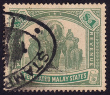 FEDERATED MALAY STATES FMS 1907 $1 Wmk.MCA Sc#34 - FISCAL Cancel @TE218 - Federated Malay States