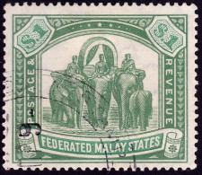 FEDERATED MALAY STATES FMS 1907 $1 Wmk.MCA Sc#34 - FISCAL Cancel @TE211 - Federated Malay States