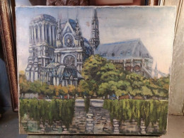 Ancien Tableau Cathédrale Notre-Dame De Paris Impressionniste - Oelbilder
