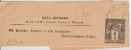 1897 - TYPE SAGE - BANDE ENTIER REPIQUAGE PRIVE ! BANQUE JORDAAN PARIS => SAINT CHAMOND (LOIRE) - Newspaper Bands