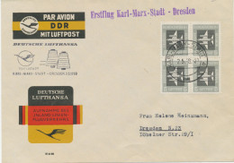 DDR 3.5.1958, Erstflug Der Deutsche Lufthansa Ost „KARL-MARX-STADT – DRESDEN“ Frankiert Mit Selt. MeF-Viererblock (HLII/ - Luchtpost