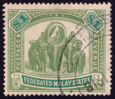 FEDERATED MALAY STATES FMS 1907 $1 Wmk.MCA Sc#34 - USED Fiscal Cancel @TE230 - Federated Malay States