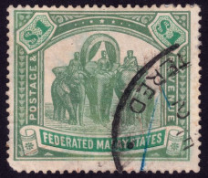 FEDERATED MALAY STATES FMS 1907 $1 Wmk.MCA Sc#34 - USED - Short Corne Perf  @TE237 - Federated Malay States