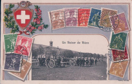 Bière VD, Canons Du Train Devant La Caserne Militaire, Timbres Et  Armoirie Suisse, Litho Gaufrée (12.3.1910) - Bière