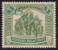 FEDERATED MALAY STATES FMS 1907 $1 Wmk.MCA Sc#34 - USED Pen Cancel  @TE264 - Federated Malay States