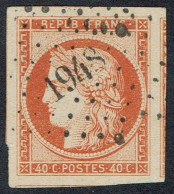 YT N° 5 Céres 40c ORANGE - Obli. PC 1948 Les Mees (5) - CINQ VOISINS - Signé CALVES + Certificat SCHELLER - Luxe+++ - 1849-1850 Ceres
