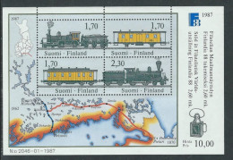 Finland Finnland Finlande 1987 History Of Post Dispatch Post Trains Finlandia-88 Exhibition Set Of 4 Stamps In Block - Blocks & Kleinbögen