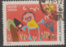 USED STAMP FROM 1990 INDIA ON CHILDREN'S DAY/ CHILDREN'S PAINTING / DOLL & CAT - Usados