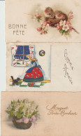 Lot 3 Mignonettes 6,5x11,5 Cm 1xOisillons  Dans Nid+ 1xFillette Au Chat Noir+ 1xBouquet De Muguet Porte-bonheur - Autres & Non Classés