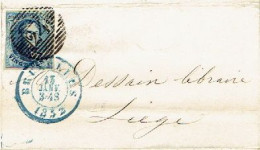 Médaillon N°7 Margé S/LAC Obl. P24 (1852) Belle Frappe BRUXELLES Vers LIEGE + Entête J.B. TIRCHER éditeur, Imprimeur - 1851-1857 Médaillons (6/8)