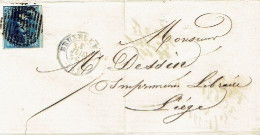 Médaillon N°7 BDF Au Filet Au Dessus S/LAC Obl. P24 (1857) BRUXELLES > LIEGE + Entête J.B. TIRCHER éditeur, Imprimeur - 1851-1857 Médaillons (6/8)