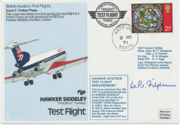 GB 1971, First Test Flight Hawker Siddeley Aviation Ltd With TRIDENT THREE G-AWZL “HATFIELD Aerodrome, Herts SIGNED!! - Postwaardestukken