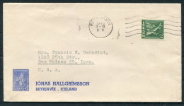 1948 Iceland 12 Aur Fish Jonas Hallgrimsson, Stamp Dealer (Geysir) Illustrated Advertising Cover - Des Moines, Iowa USA - Covers & Documents