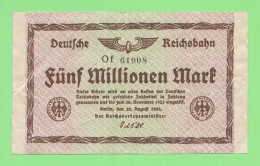 Germany Fünf 5 Million Marck 1923 Deuthe Reichsbahn Emittente Ferrovie Del Reich Tedesco Banknote - Non Classificati