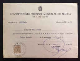 SPAIN « Mención Honorifica», « Conservatorio Superior De Musica », « PIANO », Barcelona, 1965 - Diplômes & Bulletins Scolaires