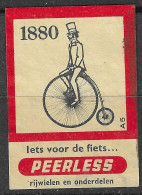 NETHERLANDS VINTAGE Matchbox Label 1800 LETS VOOR DIE FIETS PEERLESS RIJJVIELIN EN ONDERDELEN   5  X 3.5  Cm  - Matchbox Labels